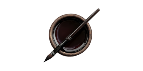 Traditional Calligraphy Brush And Ink Pot. Artistic Tools For Creative Expression Isolated On Transparent Background