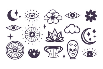 Goblincore Aesthetic Icon Set. Hand Drawn Mystical Clipart with Eyes, Moons, Stars, Skulls, Flowers, and Potions  Clipart Vector Illustration