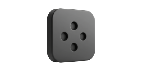 Black square sewing button with four holes isolated on transparent background