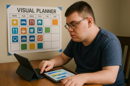 Young man with autism spectrum disorder using visual planner and tablet to manage daily schedule, promoting independence and organization