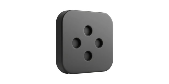 Black square sewing button with four holes isolated on transparent background