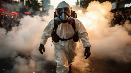Obraz premium A determined figure in protective gear moves through dense smoke, embodying resilience and courage in a chaotic environment, illustrating the fight for safety.