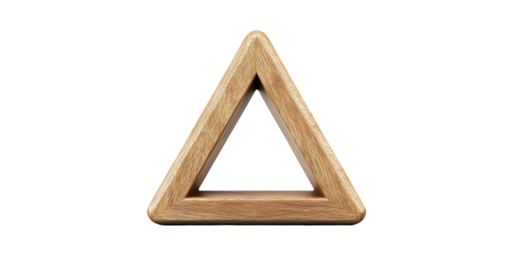 Wooden triangle frame with hollow center isolated on transparent background