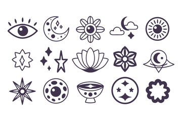 Goblincore Aesthetic Icon Set. Hand Drawn Mystical Clipart with Eyes, Moons, Stars, Skulls, Flowers, and Potions  Clipart Vector Illustration
