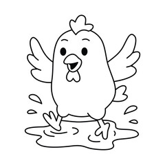 Chicken Plays In Puddle Outline for Coloring Page