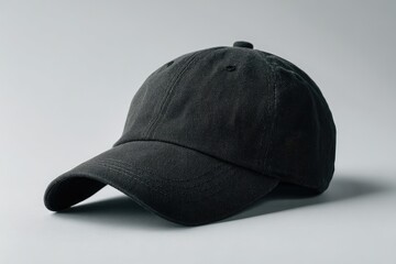 A simple, dark-grey baseball cap rests on a light-grey background, angled slightly to the left, showcasing its curved brim and unstructured crown