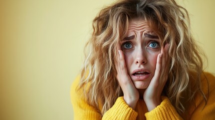 A worried young woman with tousled hair expresses anxiety and distress against a soft yellow background, visually illustrating the challenge of emotional struggles and personal turmoil.