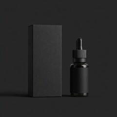A dark glass dropper bottle with a matte black box on a dark gray background