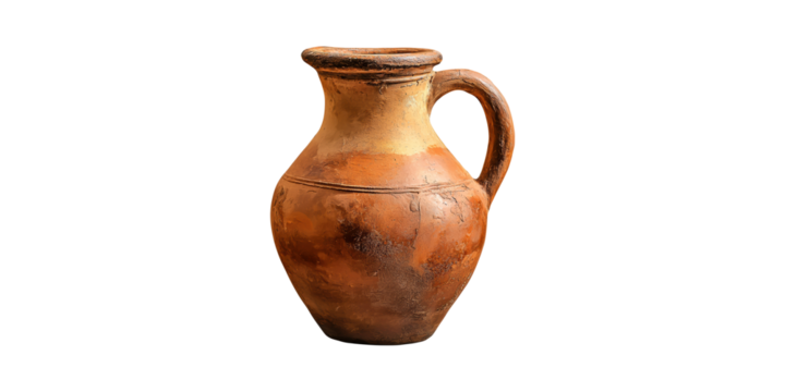 Ancient Clay Jug With Handle. Traditional Pottery And Historical Craftsmanship Isolated On Transparent Background