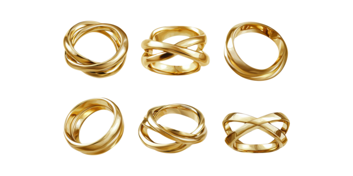 Gold Interlocking Rings Collection. Elegant Jewelry Design And Luxury Accessories Isolated On Transparent Background