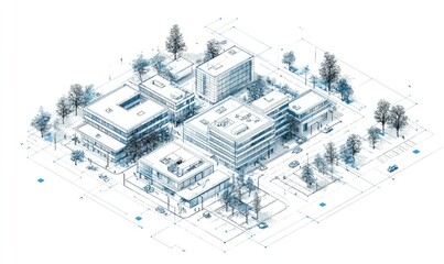 Isometric blueprint of a modern city block, showcasing several buildings, trees, and roadways, rendered in shades of blue and white