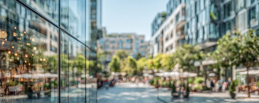 Blurred city street scene; sunny day, modern buildings, glass facade reflecting shops and pedestrians, outdoor cafes with parasols