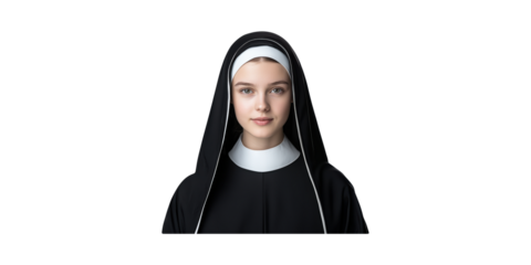 Young Nun In Traditional Habit. Religious Devotion And Spiritual Commitment Isolated On Transparent Background
