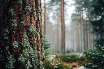 Obraz premium Close-up of textured tree bark, lichen-covered, with a softly-focused snowy pine forest background showing light snowfall