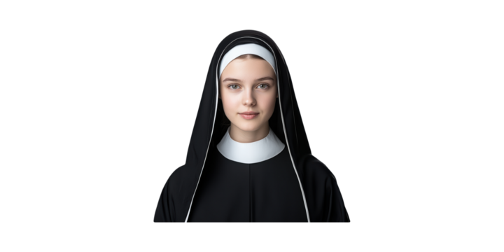 Young Nun In Traditional Habit. Religious Devotion And Spiritual Commitment Isolated On Transparent Background