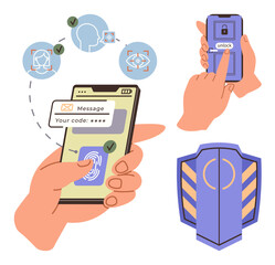 Hands interacting with smartphones using facial recognition, fingerprint scanning, and code authentication. Shield icon represents data security. Ideal for cybersecurity, technology, privacy