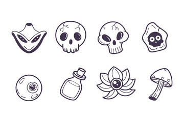 Goblincore Mystical and Spooky Icon Set – Hand Drawn Style Collection Featuring Skulls, Eyes, Potions, Flowers, and Mushrooms Clipart Vector Illustration on White Background