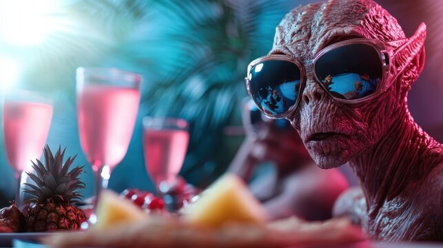 A surreal alien creature wearing sunglasses happily enjoys a vibrant feast surrounded by colorful drinks and fruits in a lively, party-like atmosphere, evoking imagination.