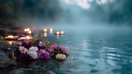 Sacred river at dawn with candles and flower offerings floating on the water