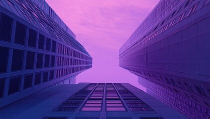 Low-angle view of modern skyscrapers against a vibrant purple-pink sunset sky.  The buildings'  windows reflect the vibrant hues