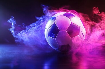 Naklejka premium Soccer ball bathed in vibrant neon smoke