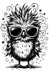 Here's a whimsical cartoon owl with big eyes and glasses, an adorable and funny character illustration perfect for a happy night design