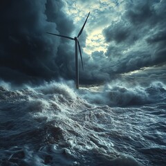 stormy offshore wind farm, crashing waves, dramatic clouds, cinematic tension