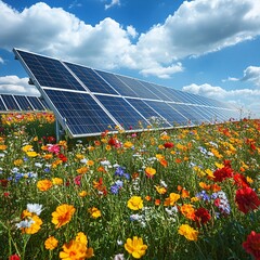 solar panels in wildflower meadow, spring sunlight, natural harmony, colorful palette