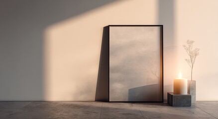 Minimalist interior scene a framed artwork, a lit candle on a concrete block, and dried flowers cast in warm sunlight against a beige wall