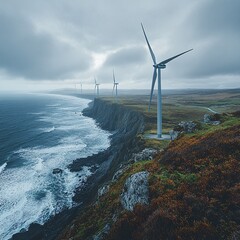 coastal cliffside wind turbines, cloudy sky, wide angle shot, realism and serenity