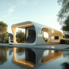EV solar charging station, minimalist design, futuristic architecture, daylight clarity