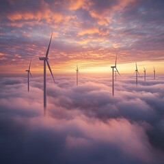wind turbines above cloud layer at sunrise, dreamy perspective, vast panoramic shot
