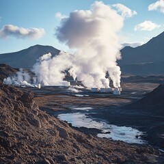 geothermal plant in volcanic terrain, steam clouds rising, earthy tones, dramatic environment
