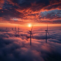 wind turbines above cloud layer at sunrise, dreamy perspective, vast panoramic shot