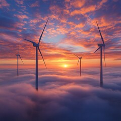 wind turbines above cloud layer at sunrise, dreamy perspective, vast panoramic shot