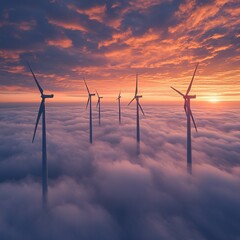 wind turbines above cloud layer at sunrise, dreamy perspective, vast panoramic shot