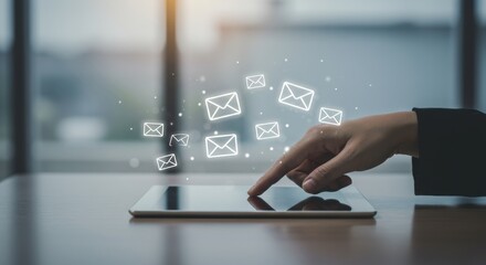 Digital Correspondence: Hand Interacting with Tablet, Sending Email Icons