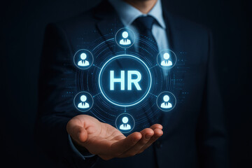 Human resources management technology connects employee data and client recruitment for corporate business team and staff career leader people resource connection