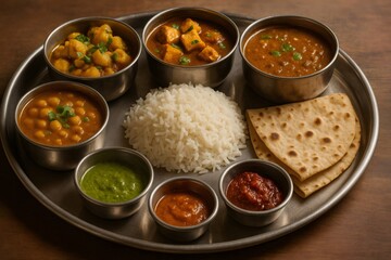 Metal tray presenting a complete Indian Thali meal with various curries, rice, chapati bread, and flavorful chutneys, capturing the essence of Indian cuisine
