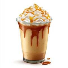 Creamy caramel milkshake topped with whipped cream and caramel drizzle in a clear glass on a light background for dessert lovers and café enthusiasts