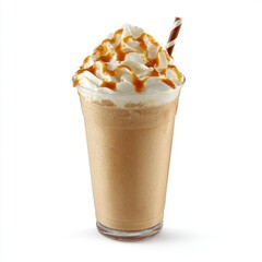 Creamy caramel dessert drink with whipped topping and striped straw in tall clear glass for refreshing summertime beverage enjoyment