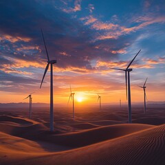 wind turbines in desert dunes, warm sunrise, minimalist energy concept