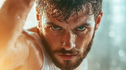 The image portrays a determined man in a drenched state, exuding intensity and strength, symbolizing resilience and the fervor of physical challenge and commitment.