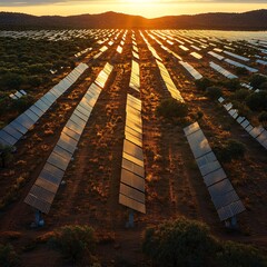 sun-tracking solar farm with synchronized angles, perfect symmetry, clean tech