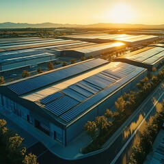 solar-powered industrial park, metallic buildings, bright clear sky, aerial view