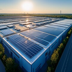 solar-powered industrial park, metallic buildings, bright clear sky, aerial view