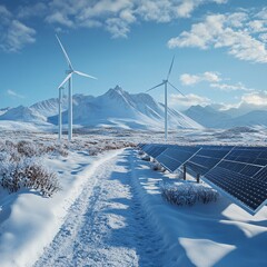 arctic wind and solar zone, snow-covered panels and turbines, isolated clean energy