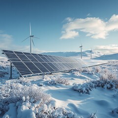 arctic wind and solar zone, snow-covered panels and turbines, isolated clean energy
