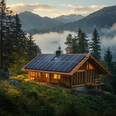 solar panels on forest cabin roof, morning light and mist, eco-living concept