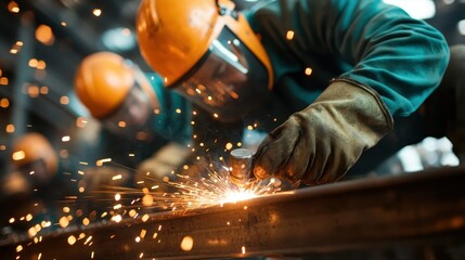 An intense close-up of sparks flying as a worker hammers metal, capturing the energy and craftsmanship involved in metalworking within a vibrant factory environment.